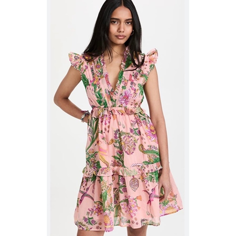 Banjanan Chandra Cotton Voille Mini Dress Psychedelia Rosette Pink Floral S